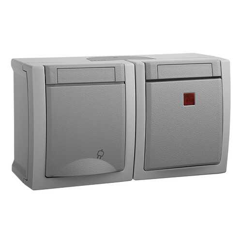 Блок (Выключатель 1кл свет + Розетка с/з с крышкой) горизонтальный серый PACIFIC в Домовой